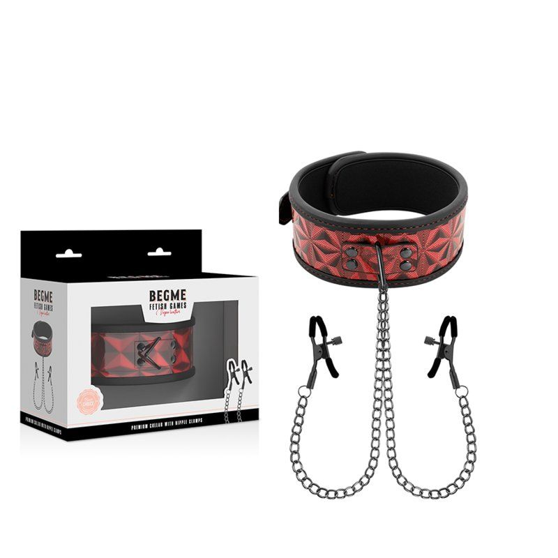 Begme Red Edition Collar Con Cadenas Y Pinzas Pezones Con Forro De Neopreno