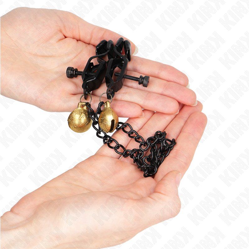 Kink Pinzas Para Pezones Planas Negro Con Cascabel Y Cadena Plateado 30 Cm
